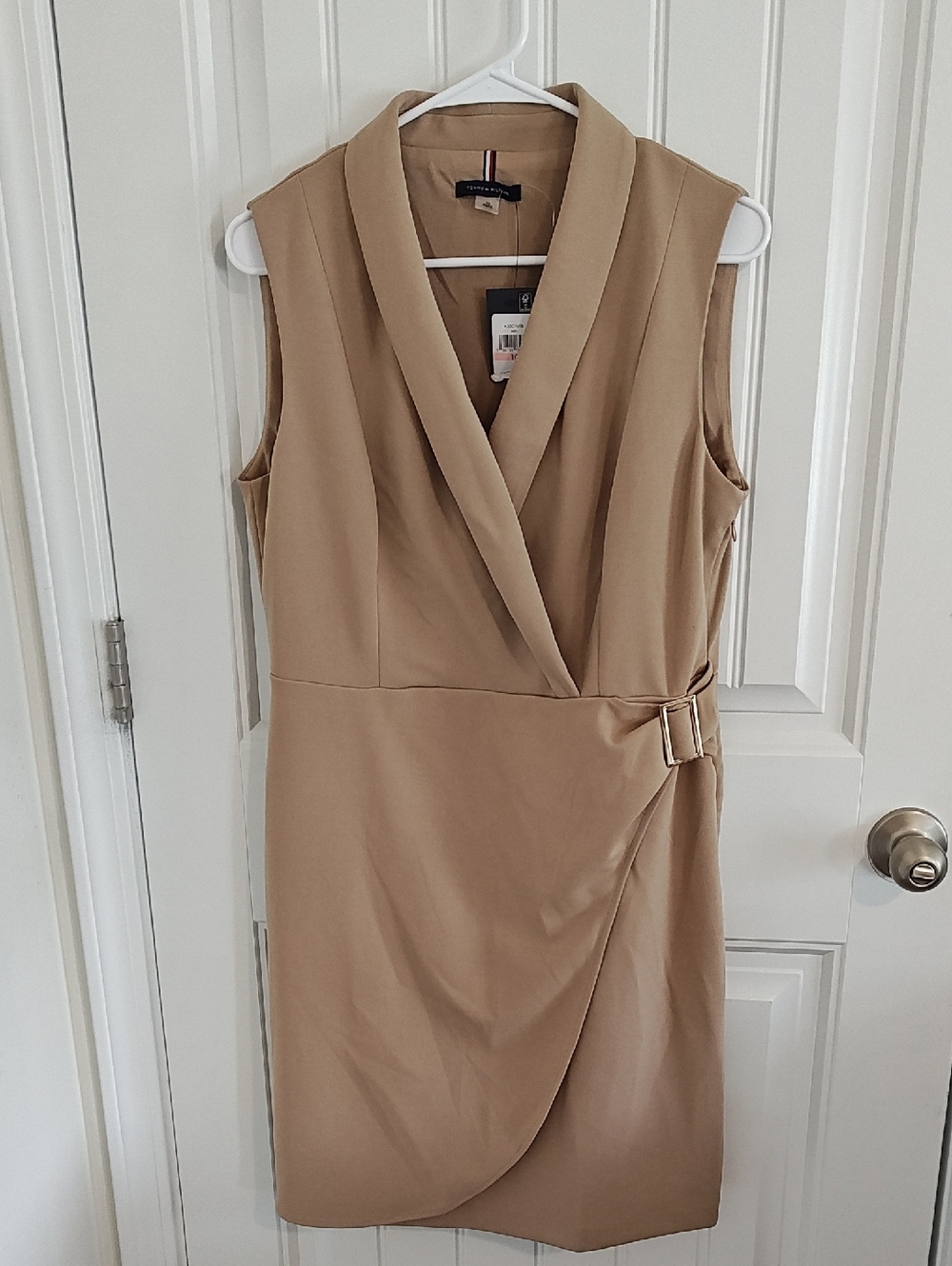 Tahari Tan Draped Sheath Faux Wrap Dress with Buckle Detail Size 10